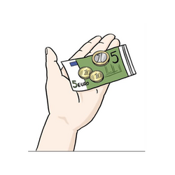 Grafik: Auf einer ausgestreckten Handfläche liegen ein 5-Euro-Schein und drei Münzen.